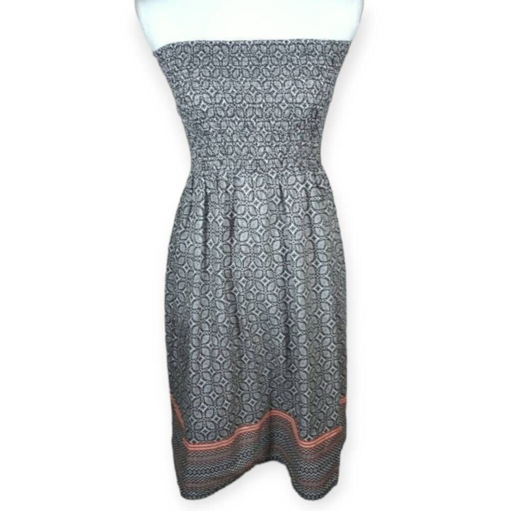 ATMOSPHERE BLACK & WHITE W/ ORANGE STRIPE STRAPLESS DRESS SZ.8 EUC.